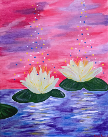 Painting titled "Tender lotuses" by Alsou Amalia, Original Artwork, Oil Mounted on Wood Stretcher frame