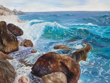 Painting titled "Azure sea" by Alsu Vagidullina, Original Artwork, Oil Mounted on Wood Stretcher frame