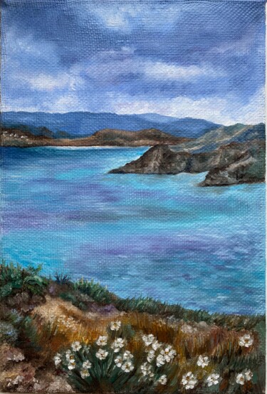 Painting titled "Sea and Mountains" by Alsu Vagidullina, Original Artwork, Oil Mounted on Wood Stretcher frame