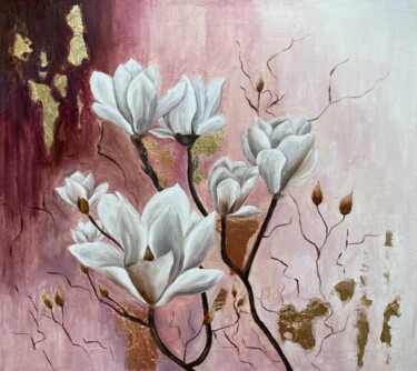 Painting titled "Magnolia branches" by Alsu Vagidullina, Original Artwork, Oil Mounted on Wood Stretcher frame