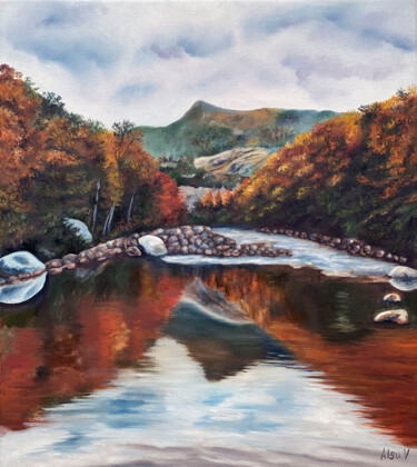 Painting titled "Autumn landscape" by Alsu Vagidullina, Original Artwork, Oil Mounted on Wood Stretcher frame