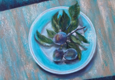 Pintura intitulada "prunes sur une assi…" por Alsu Vagidullina, Obras de arte originais, Pastel