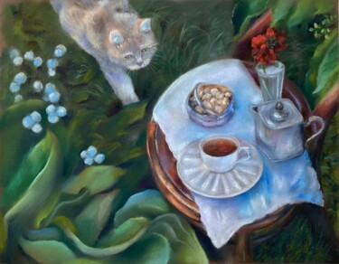 Painting titled "Picnic for the cat" by Alsu Vagidullina, Original Artwork, Pastel