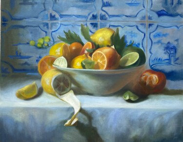 Painting titled "Lemons" by Alsu Vagidullina, Original Artwork, Oil Mounted on Wood Stretcher frame