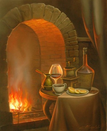 Malerei mit dem Titel "Вечерний кофе" von Anatolii Kozelskii, Original-Kunstwerk, Öl