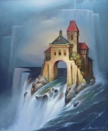 Painting titled "Замок у водопада" by Anatolii Kozelskii, Original Artwork, Oil