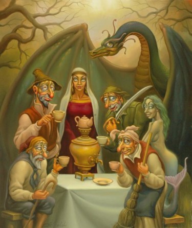 Картина под названием "Сказочное чаепитие" - Анатолий Козельский, Подлинное произведение искусства, Масло