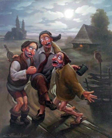 Картина под названием "После шинка" - Анатолий Козельский, Подлинное произведение искусства, Масло