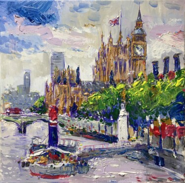 Painting titled "London and River Th…" by Altin Furxhi, Original Artwork, Acrylic Mounted on Wood Stretcher frame