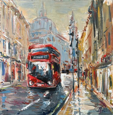 Painting titled "LONDON RED BUS ROUT…" by Altin Furxhi, Original Artwork, Acrylic Mounted on Other rigid panel