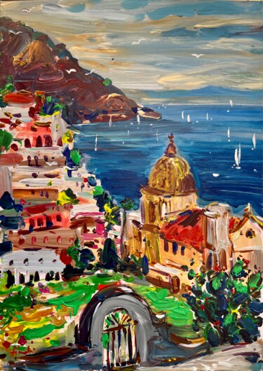 Painting titled "Positano" by Altin Furxhi, Original Artwork, Acrylic Mounted on Wood Stretcher frame