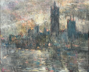 Schilderij getiteld "Sunset London" door Altin Furxhi, Origineel Kunstwerk, Olie Gemonteerd op Frame voor houten brancard