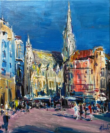 Painting titled "AM STEPHANSPLATZ, V…" by Altin Furxhi, Original Artwork, Acrylic Mounted on Wood Stretcher frame