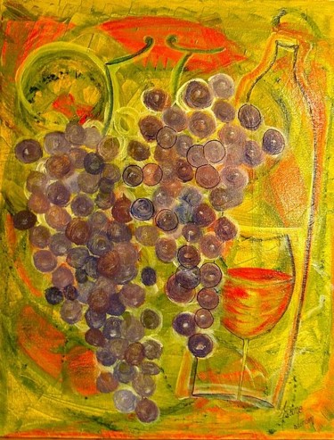 Peinture intitulée "Raisins et Bouteill…" par Ariane Lumen, Œuvre d'art originale, Huile