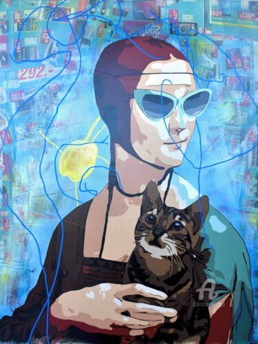 Painting titled "Lady with Kitten" by Alvarenga Marques, Original Artwork, Acrylic Mounted on Wood Stretcher frame