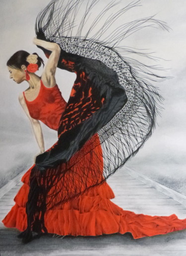 Tekening getiteld "Danseuse Flamenco" door Daniel Alvarez, Origineel Kunstwerk, Potlood