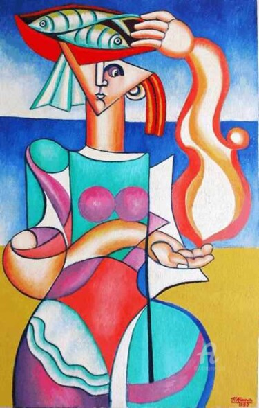 Peinture intitulée "la Pescivendola" par Fernando Alvarez Alonso, Œuvre d'art originale, Huile