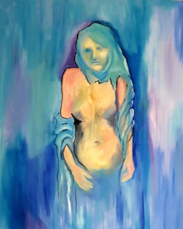 Painting titled "A Dama de Azul" by Isabel Alvarez, Original Artwork, Oil Mounted on Wood Panel