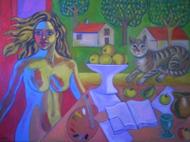 Pintura titulada "Bodegón con mujer" por Alvaro Garcia Caze, Obra de arte original, Oleo