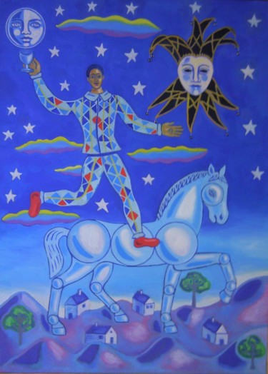Pittura intitolato "Arlequín con caballo" da Alvaro Garcia Caze, Opera d'arte originale, Olio
