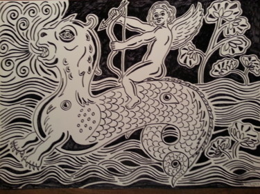 Σχέδιο με τίτλο "Angel y dragon" από Alvaro Garcia Caze, Αυθεντικά έργα τέχνης, Μαρκαδόρος