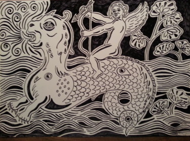 Drawing titled "Angel y dragon" by Alvaro Garcia Caze, Original Artwork, Marker