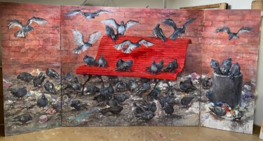 Malerei mit dem Titel "Pigeons" von Alvis Zemzaris, Original-Kunstwerk, Öl