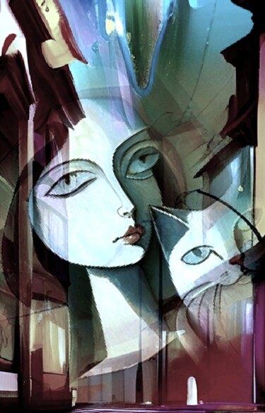Arts numériques intitulée "Девочка и кошка 1" par Alya Veresk, Œuvre d'art originale, Peinture numérique