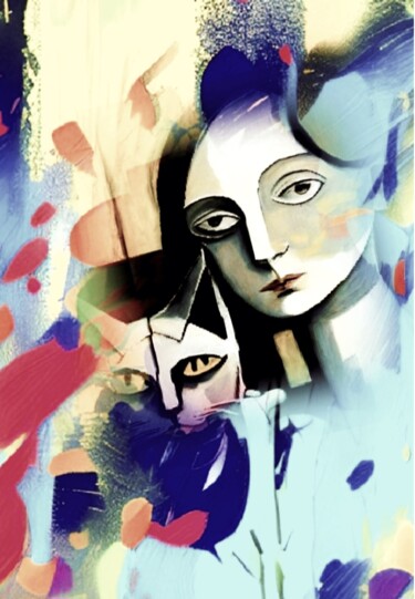 Digital Arts titled "Девушка и кошка 2" by Alya Veresk, Original Artwork, Digital Painting