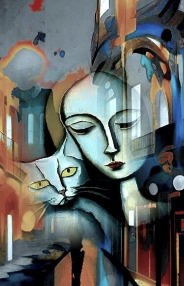 Цифровое искусство под названием "Девочка и кошка 3" - Alya Veresk, Подлинное произведение искусства, Цифровая живопись