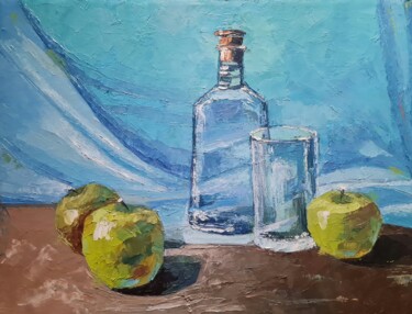 Malerei mit dem Titel "Äpfel und Glas" von Alyona Aleksandrovych, Original-Kunstwerk, Öl