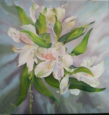 Schilderij getiteld "White flowers" door Alyona Shpendik, Origineel Kunstwerk, Stof Gemonteerd op Frame voor houten brancard