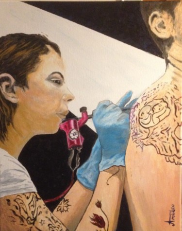 Peinture intitulée "La tatoueuse" par Amadéo, Œuvre d'art originale, Acrylique