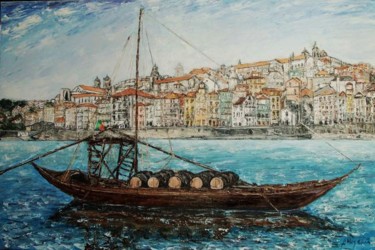 Pintura intitulada "Porto - Barco Rabelo" por A.Magalhães, Obras de arte originais