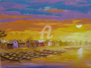 Картина под названием "fishing-community-a…" - Amakai Quaye, Подлинное произведение искусства, Акрил