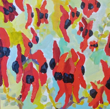 「Sturt's desert pea…」というタイトルの絵画 Amanda Cutlackによって, オリジナルのアートワーク, オイル ウッドパネルにマウント