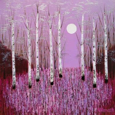 Schilderij getiteld "Pink and Silver Moon" door Amanda Horvath, Origineel Kunstwerk, Acryl Gemonteerd op Frame voor houten b…