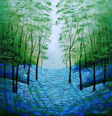 Картина под названием "Wild Blue Woods" - Amanda Horvath, Подлинное произведение искусства, Акрил Установлен на Деревянная р…