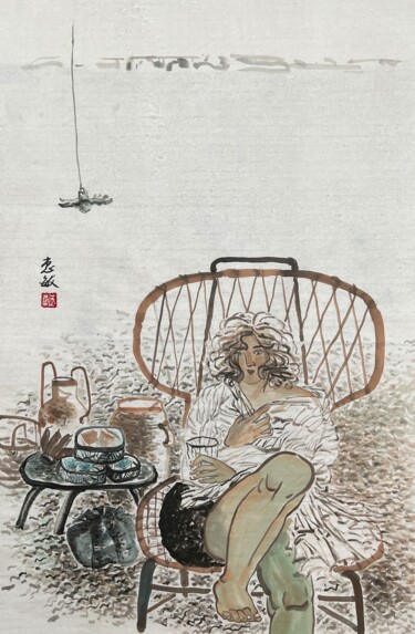 Ζωγραφική με τίτλο "闲坐庭前听落花" από Amanda Ye, Αυθεντικά έργα τέχνης, Χρωστικές ουσίες