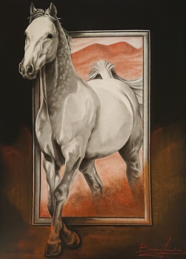 Disegno intitolato "Cheval sortant de s…" da Amandine Arts, Opera d'arte originale, Matite colorate