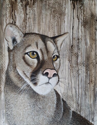 Painting titled "Puma" by Amandine B., Original Artwork, Acrylic Mounted on Wood Stretcher frame