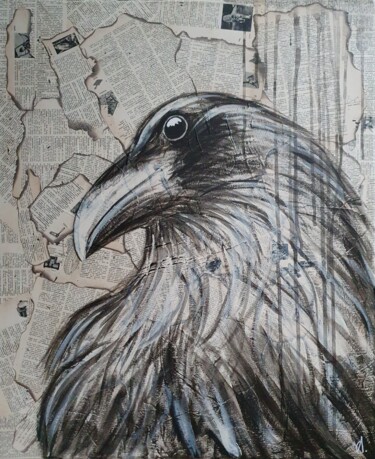 Painting titled "Corvus droit" by Amandine B., Original Artwork, Acrylic Mounted on Wood Stretcher frame