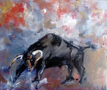 Painting titled "Taureau" by Amandine Eon, Original Artwork, Acrylic Mounted on Wood Stretcher frame