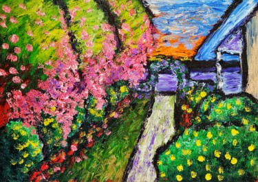 Painting titled "Mom's Garden" by Amar Hasshim, Original Artwork, Oil