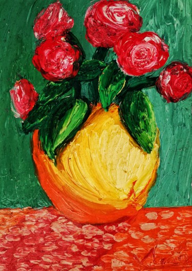 Painting titled "A Jar of Roses" by Amar Hasshim, Original Artwork, Oil