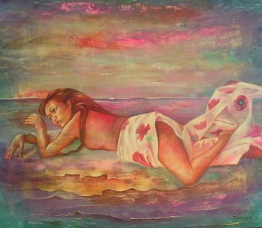 Peinture intitulée "Au fil de l'eau  63…" par Gisèle Ledoux, Œuvre d'art originale, Huile