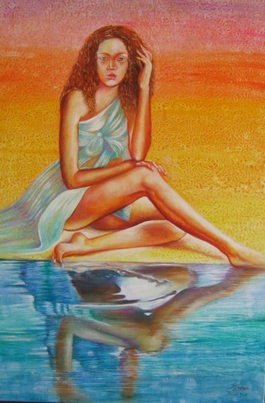 Painting titled "Miroir de l'ocean d…" by Gisèle Ledoux, Original Artwork, Oil