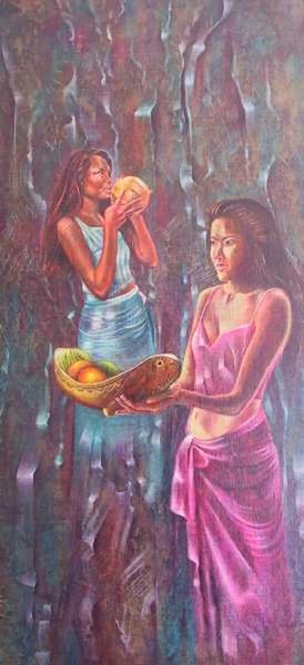 Painting titled "Offrande-a-ta-urua-…" by Gisèle Ledoux, Original Artwork, Oil