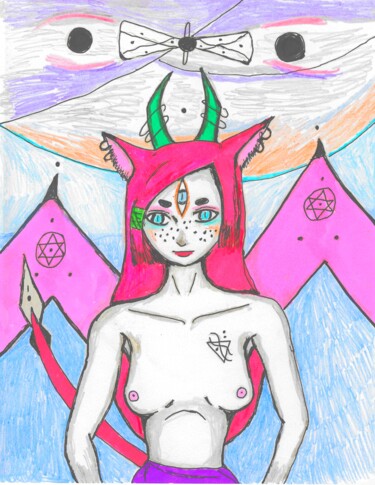 Dessin intitulée "Demon mode goddess…" par Amathauntacreator, Œuvre d'art originale, Crayon