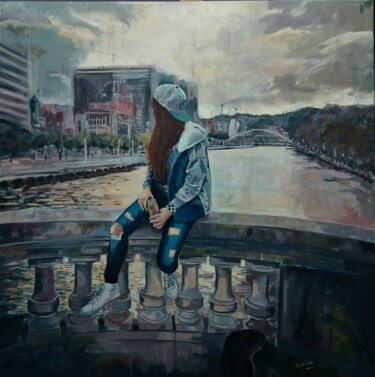 Painting titled "Bilbao city" by Amaya F Fariza, Original Artwork, Oil Mounted on Wood Stretcher frame